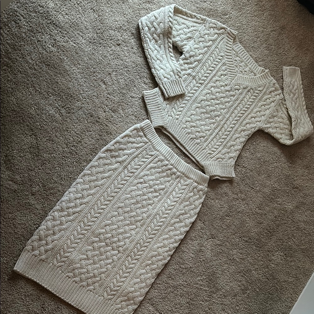 Cable Knit Sweater and Skirt Set - Cream